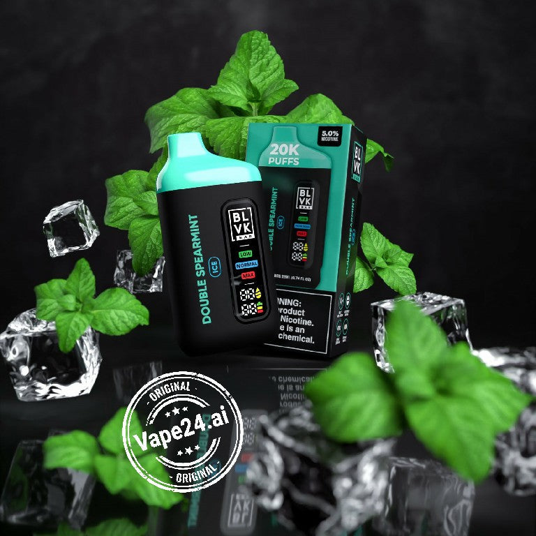 BLVK Bar Disposable 20000 Puffs Vape Double Spearmint flavor with packaging, surrounded by mint leaves and ice cubes.